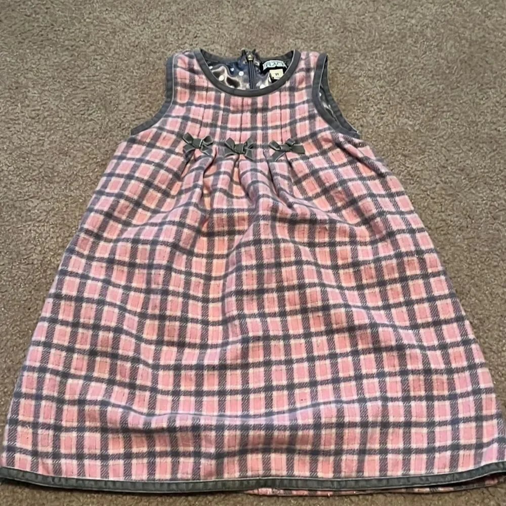 The Children’s Place Pink and Gray Plaid Sleeveless Wool Formal Dress- 3T Vintag